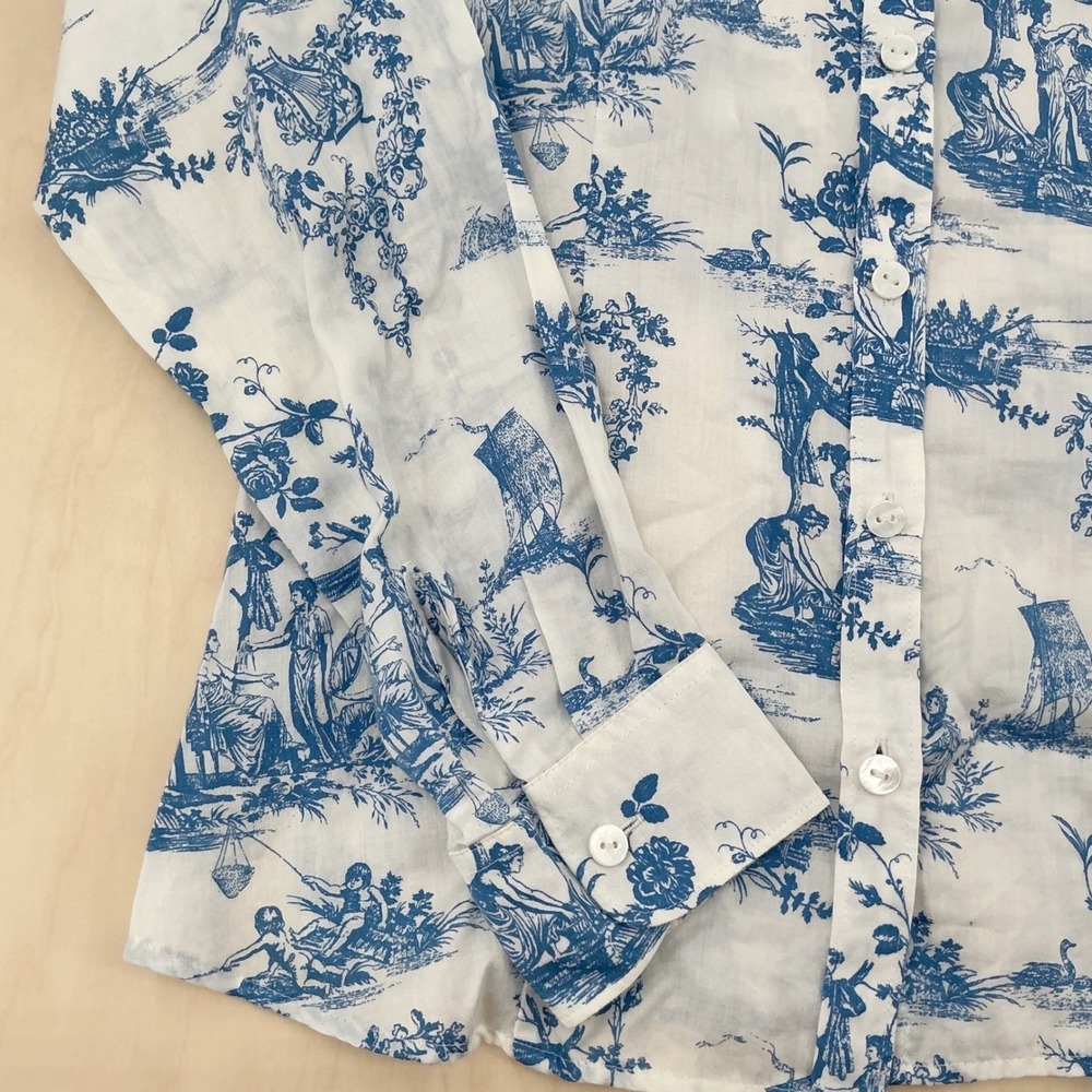 Womens Foxcroft Toile de Jouy Button Down Shirt 8P Blue White Fitted Fit Petite - Picture 6 of 8